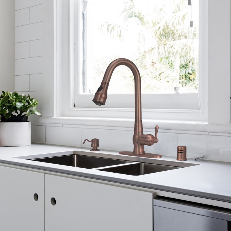 Copper Pull Down Kitchen Faucet with Single Handle Deck Plate Included, Antique Bronze