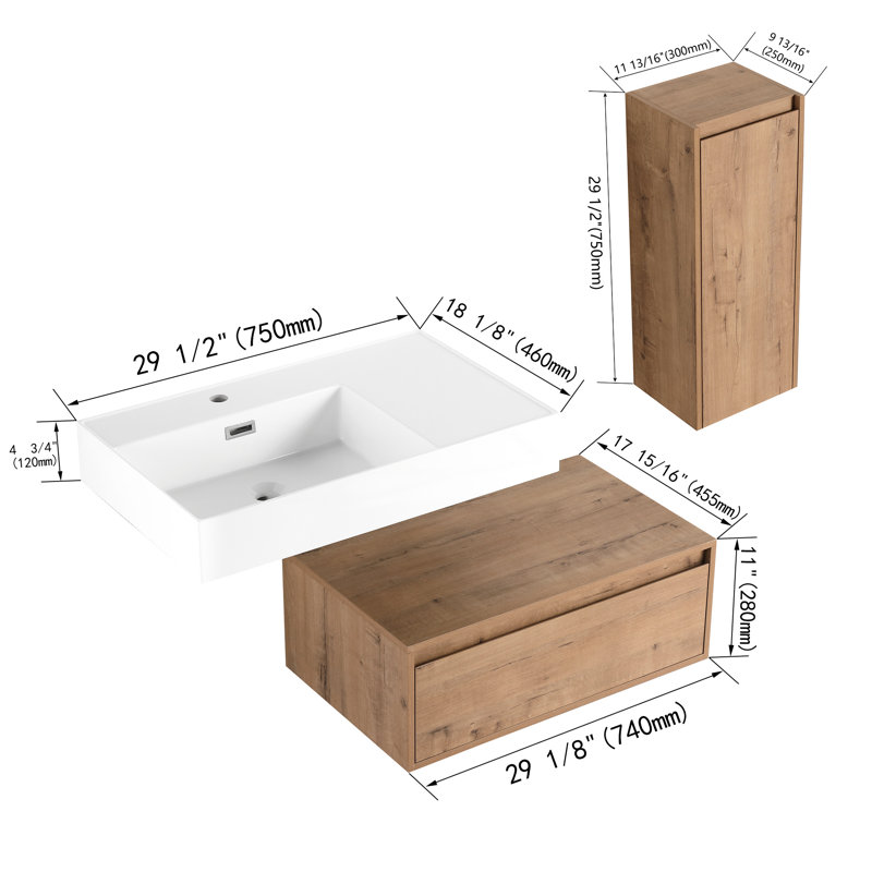 Commode de salle de bain 30 pouces avec lavabo en résine et espace latéral
