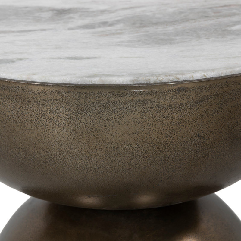 Corbett Pedestal End Table, Aged Bronze, Creamy Taupe Marble