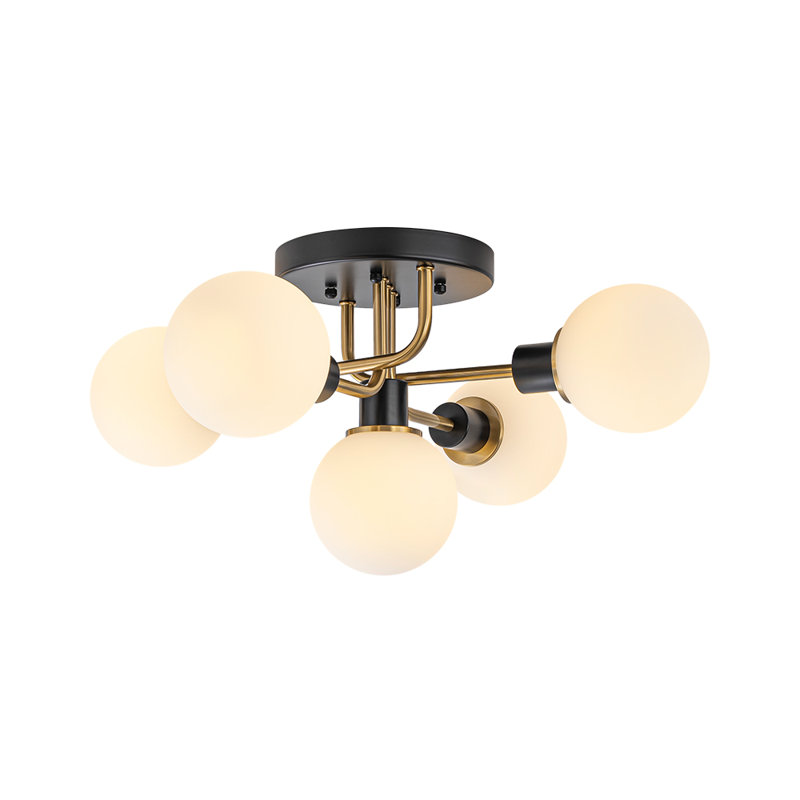 5 - Light Linear Black And Gold Sputnik Glass Globe Semi Flush Mount, White