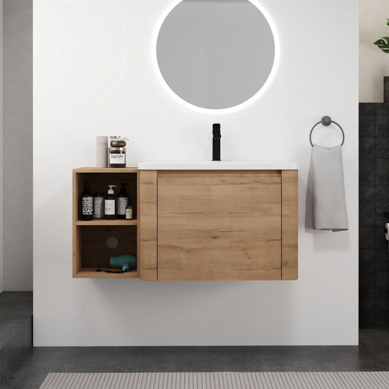 Meuble-lavabo mural 40 po avec lavabo en céramique blanche, porte à fermeture en douceur et tablettes de rangement