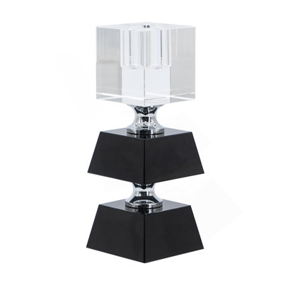 2.4X2.4X5.9" Black And Clear Two Tiered Square Candle Holder