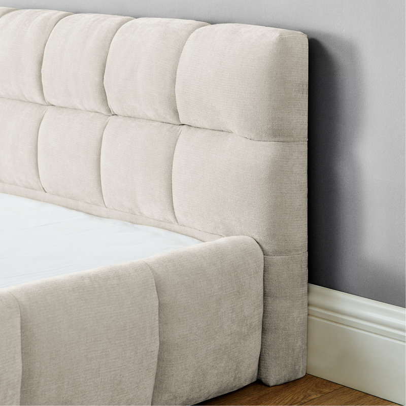 Très grand cadre de lit très grand avec tissu épais beige, tête de lit, lit plateforme, sans sommier, style moderne et relaxant
