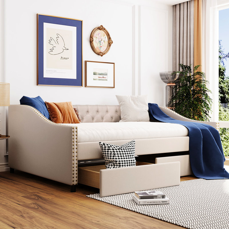 Full Size Daybed With Two Drawers, Beige Upholstery & Wood Slat Back - Enhance Your Bedroom's Elegance And Functionality Drawers In Elegant Construction Add A Sophisticated Touch