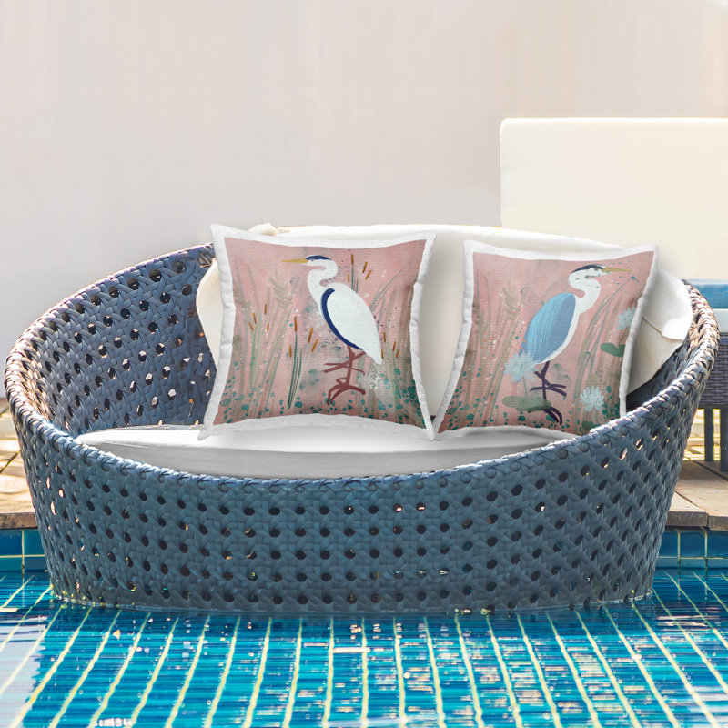 Beach Birds on Pink Printed Outdoor Throw Pillow Design by Juliet Rose Philips (Set of 2)