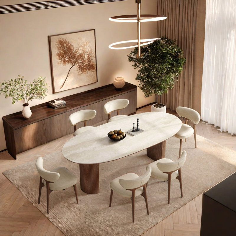 Cave Stone Rock Plate Dining Table And Chair Set 6 - Person Double Pedestal Dining Set, 29.52"H x 94.48"L x 39.37"W