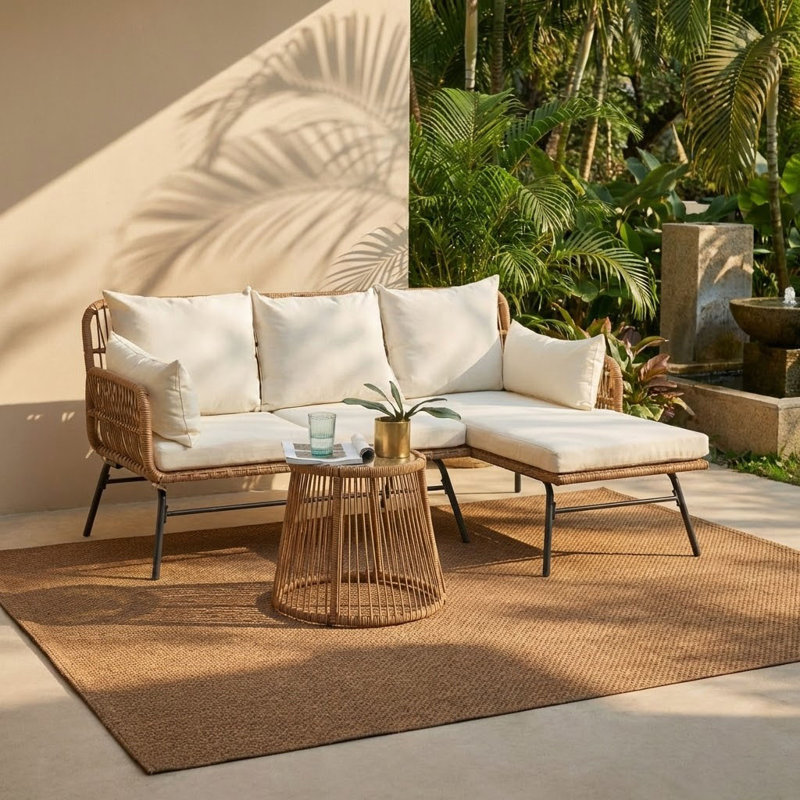 Ensemble de canapé d'extérieur en rotin en L de style bohème, beige, Coussin beige / structure brune