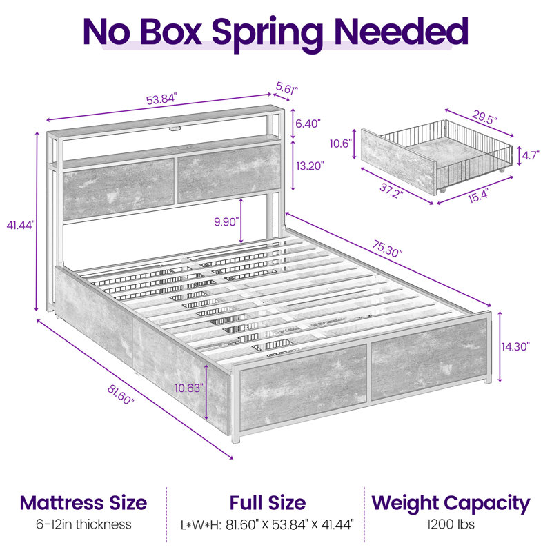 Modern Bed Frame with Headboard, LED Lights & USB Charging Ports, Black, Full