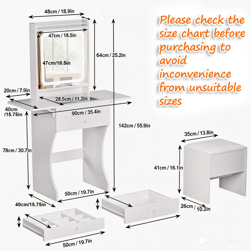 Vanity Set For Small Bedrooms, Small Space Makeup Vanity With LED Mirror, Stool & Foldable Side Tables