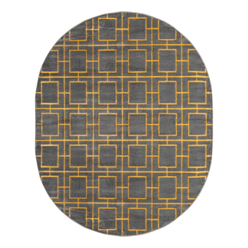 Glam Geometric Gray/Gold Area Rug, Oval 7'10" x 10'