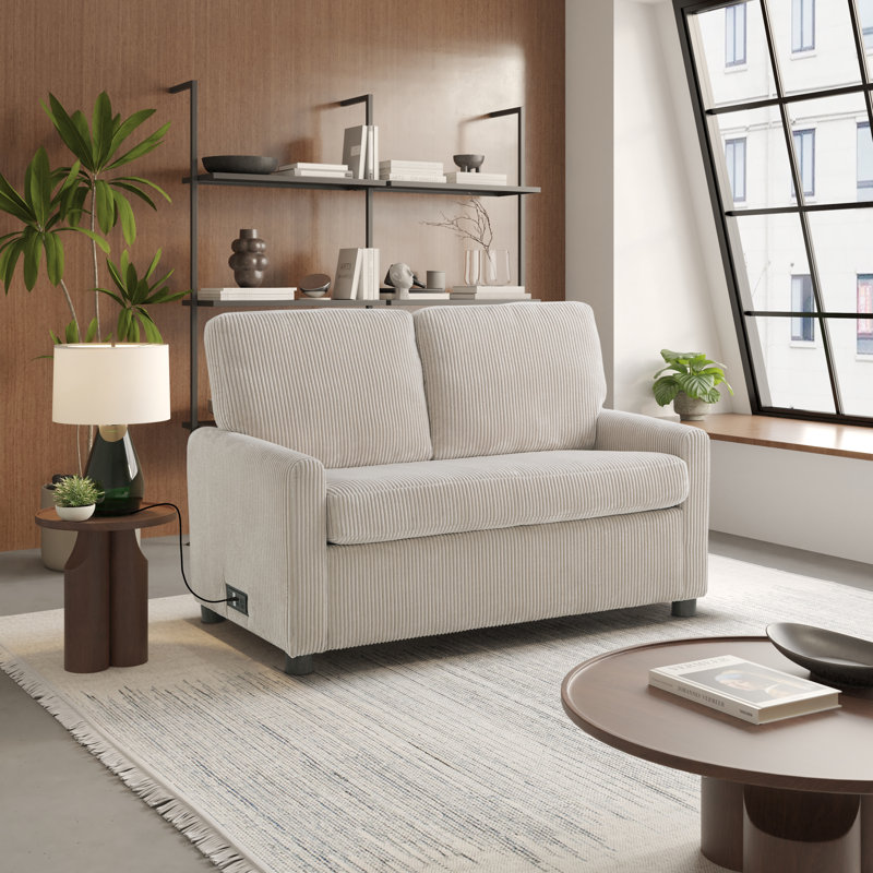 Serta Damon 53.5" Convertible Loveseat with Pull Out Twin Size Sleeper, Integrated Power Strip, Plush Corduroy Fabric, Beige