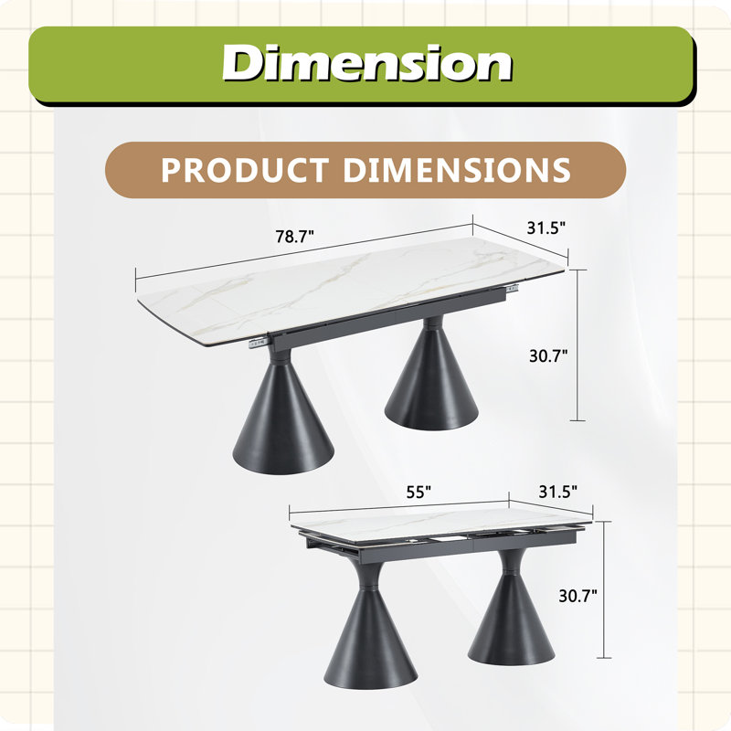 Table de salle à manger extensible avec plateau en pierre: plateau de table en marbre avec pieds fuselés en métal. Une table de salle à manger rectangulaire d'inspiration moderne et luxueuse pour un usage domestique
