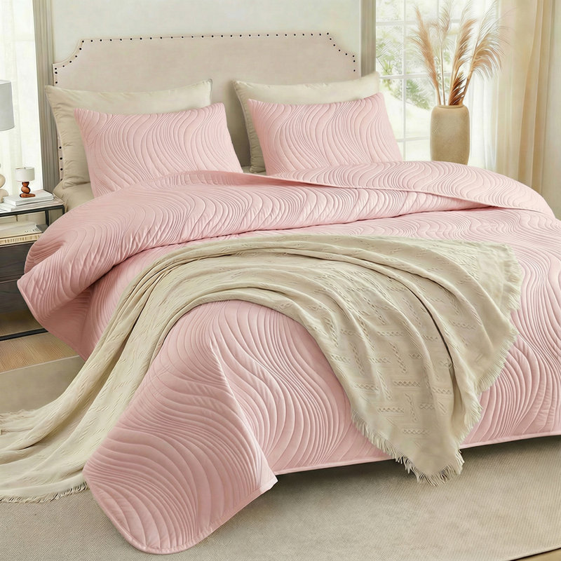 Ensemble de courtepointe douce 3 pièces - couvre-lit lavable quatre saisons, literie douce et confortable, décoration de chambre à coucher, cadeau familial, rose