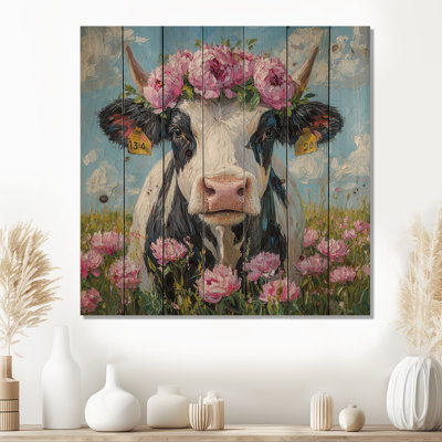 Peinture de vache avec pivoines III - reproduction de bois de vache sur bois de pin naturel