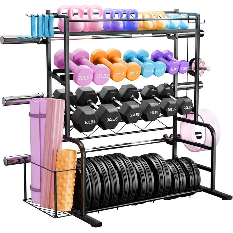 XL Adjustable Weight Rack for Dumbbells - Rebrilliant Barbell Holder Bumper Plate Storage Rack with 3 Olympic Bar Racks, Dumbbell Rack Weight Stand,Home Gym Storage Rack for kettlebells,Yoga Mat