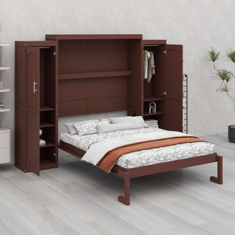 Lit escamotable en bois avec 2 garde-robe et tablette de rangement, Noyer