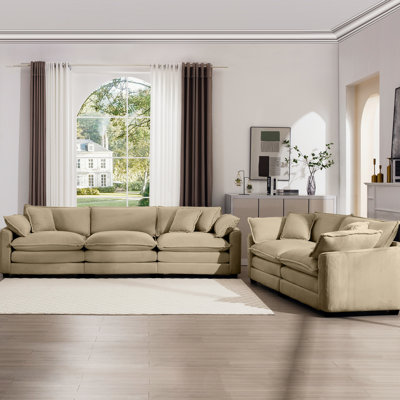 Two Piece Living Room In Tan Corduroy Upholstery: 2 2 Sofas, 8 Cushion Upholstery, Deep Seat Recliner, Relaxing Ambiance For Decoration: With Cushions