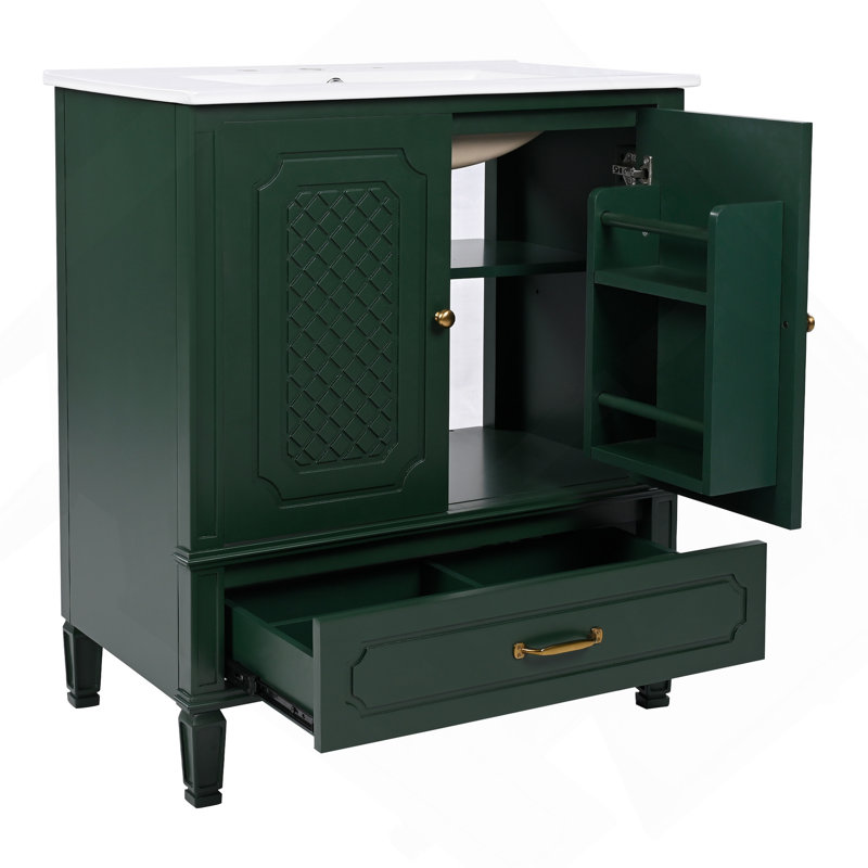 Meuble-lavabo 30 po avec lavabo style rétro, espace de rangement multifonctionnel, tablette de porte, porte à fermeture douce, vert