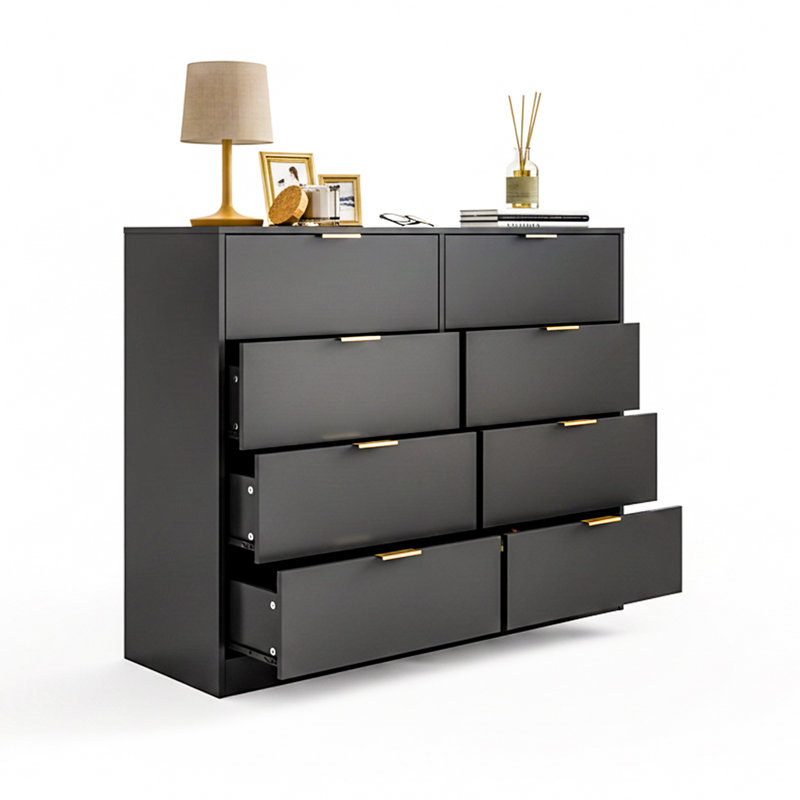 8 Drawer 47.2" W Wood Modern Double Dresser, Black