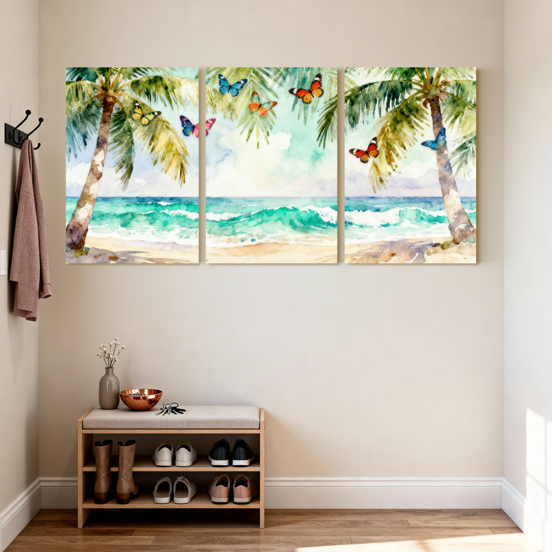 Palmiers, plage tropicale avec palmiers et papillons, ensemble de 3 impressions sur toile, H 24 po x l 48 po