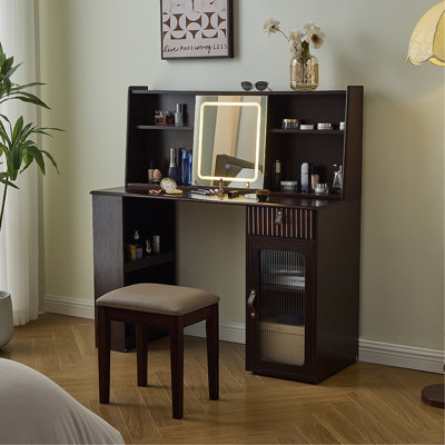 Meuble-lavabo élégant avec miroir réglable réglable 3 modes, coiffeuse moderne avec grandes tablettes, tiroir et armoire, noyer