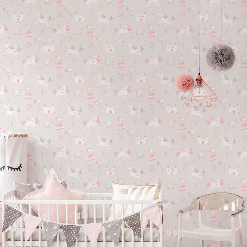 Just 4 Kids 2 Unicorn Fairytale Design 33' L x 21" W Wallpaper Roll, Gray