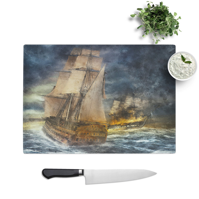 Tempered Glass Naval Battle Ship at War Chopping Board, 20 cm x 28.5 cm