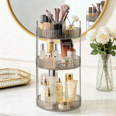 3-Tier 360° Rotating Makeup Organizer - Large Capacity Skincare & Cosmetics Lazy Susan, Premium ABS &  Steel, Raised Guardrail Design