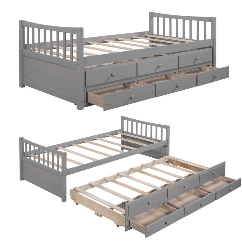 Braschi Solid Wood Slat Storage Bed, Twin, Gray