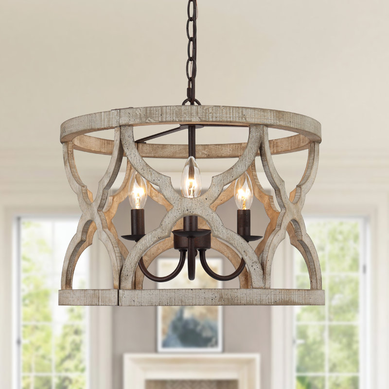 Gatlin 3 - Light 16" W Small Drum Caged Dining Room Chandelier with Wood Accents