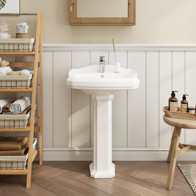 23"L x 19"W Rectangular Pedestal Sink,  White Ceramic Pedestal Bathroom Sink with 3 Faucet Holes At 4" Faucet Centers, with Overflow (White Color)