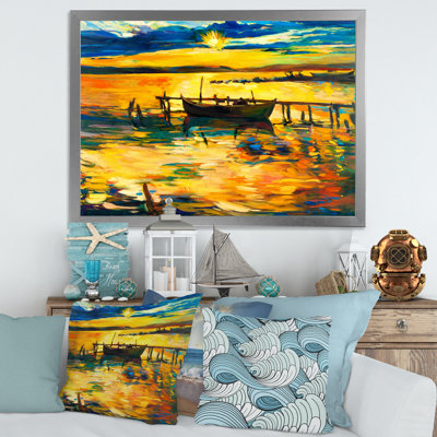 «Boat Pendant Evening Glow At The Lake VI», peinture sur toile
