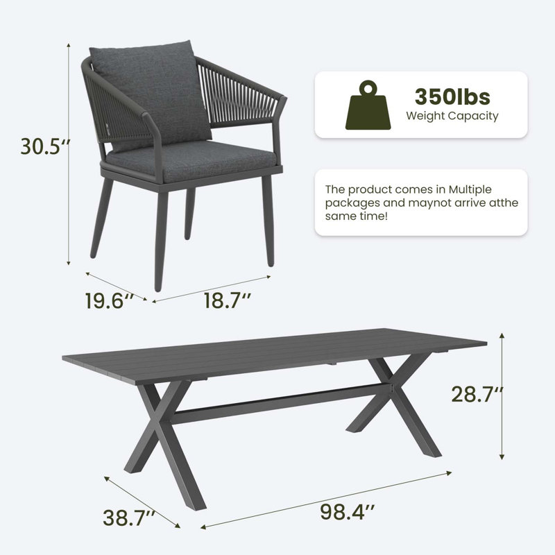 Rectangular Outdoor Dining Set With Cushions, 10, Dark Grey Cushion/Dark Grey Frame