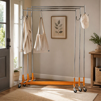 Ensemble de 3 supports à vêtements de qualité industrielle avec base en Z, support à vêtements à roulettes réglable en hauteur avec roulettes verrouillables, orange pour la maison et le commerce