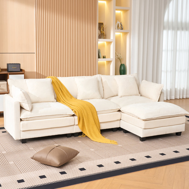 Crème beige 3 avec repose-pieds, rembourré en chenille, facile à assembler, idéal pour les espaces compacts avec rangement pour canapé modulaire, éponge haute, Comfort Family