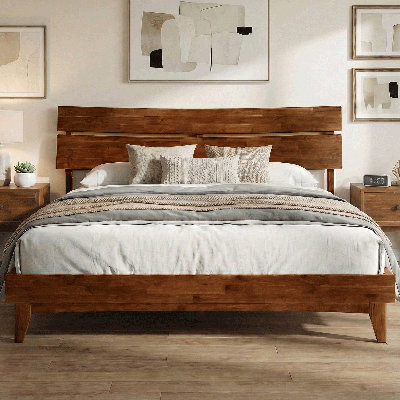 Acacia Aurora Premium Solid Wood Platform Bed Frame and High Headboard, King Bed Frame with Headboard Included, Mid Century Modern Bed Frame