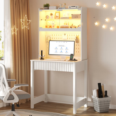 64"H Computer Desk with LED Light & Power Outlet, Home Office Desk with 2 Drawers and Display Shelves