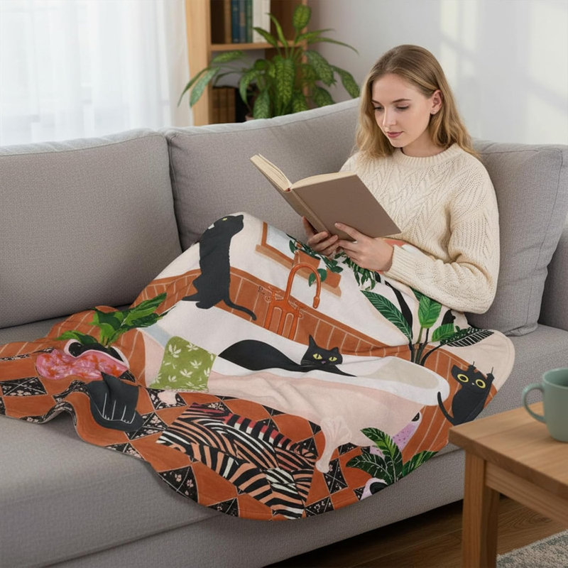 Jeté rigolo beige matisse avec un chat, 40 x 50 po, L 50 po x l 40 po, Beige/brun