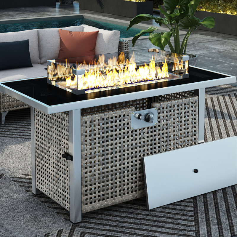 60000 43" Open Weave Grey Propane Gas Fire Pit Table, With Bohemian Design, Removable Lid, And Glass Wind Guard For Garden Entertaining Rectangular , Grey, Blue Stone Decoration Tempered Outdoor Patio