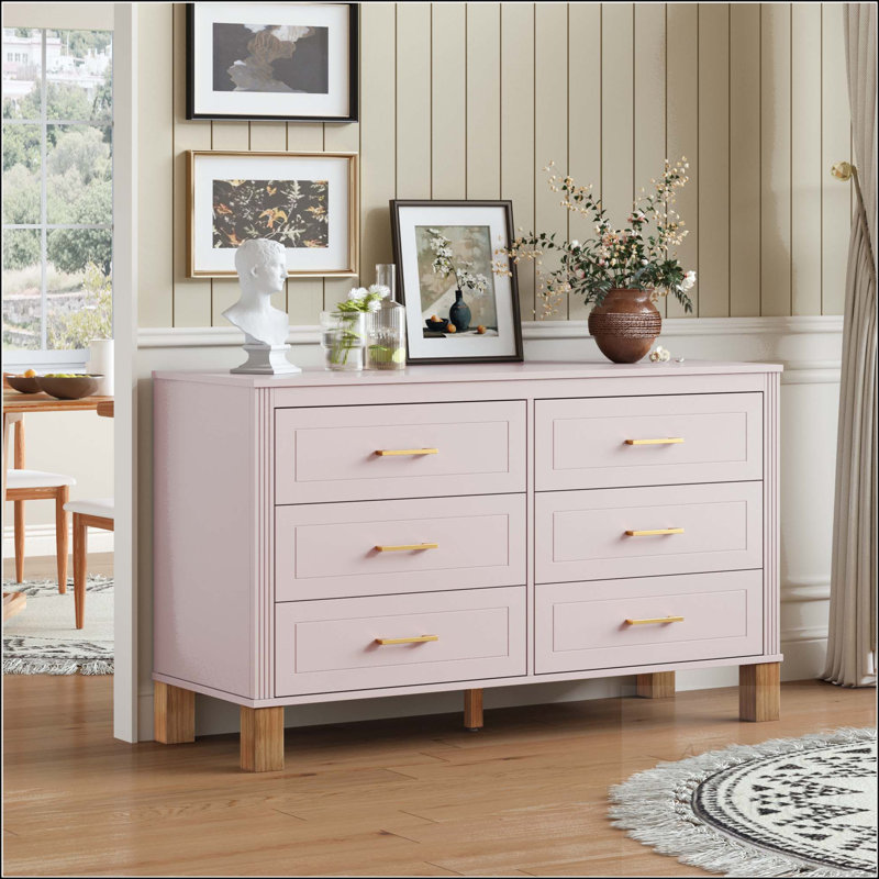 Commode double 6 tiroirs - Mid-Century moderne avec pieds en bois massif, Pink