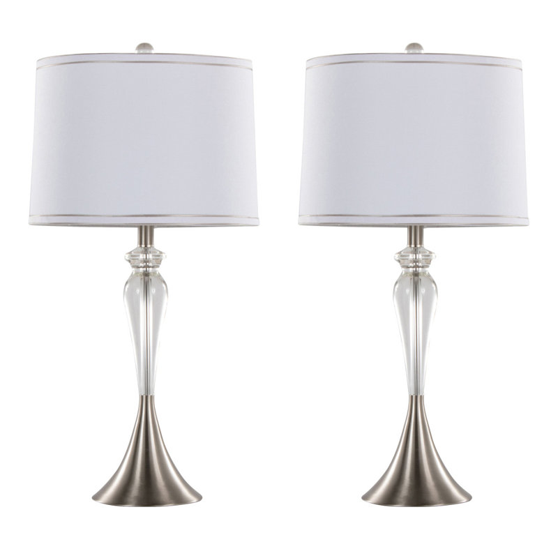 Lampe de table contemporaine 28 "en cristal transparent, nickel brossé et abat-jour en lin blanc avec bordure argentée de Grandview Gallery - Ensemble de 2