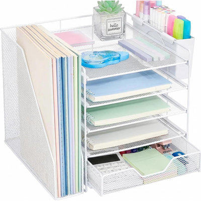 Organisateurs de bureau et accessoires, organisateur de bac à papier à 5 niveaux avec porte-classeur, tiroir et porte-stylo, accessoires de bureau, organisateur de bureau pour fournitures de bureau de classe, blanc