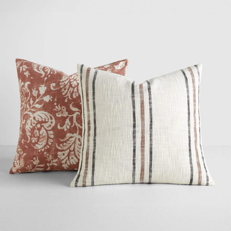 Ensemble de 2 coussins décoratifs à motifs de fils teints, Floral orange / rayures crème