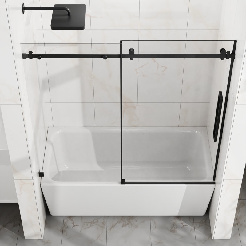 Porte coulissante en verre de l 60 po x H 58 po, verre trempé transparent de 1/4 po (6 mm) d'épaisseur, rouleaux corrosifs, fonctionnement silencieux, douche de baignoire moderne noir mat de 6 mm avec revêtement facile à nettoyer, largeur réglable