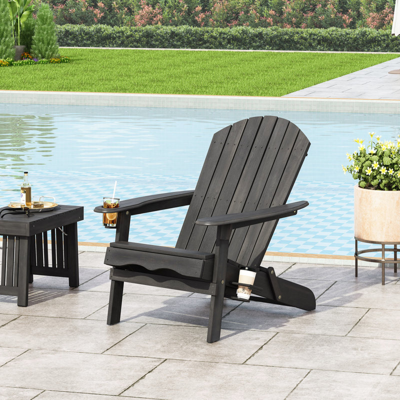 Chair In Dark Grey Wood, Folding With Cup Holders, 33.39 In. Height, 35.6 Width, 29.58 Depth, 22.26 Lb, For Patio Deck Pool Area Rustic Wood Holders & Characteristic, D, W, H, Backyard
