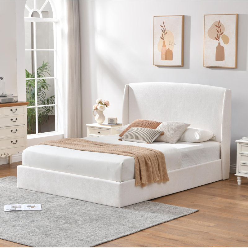 Hydraulic Lift Up Storage Upholstered Wingback Bed , Cream, Full