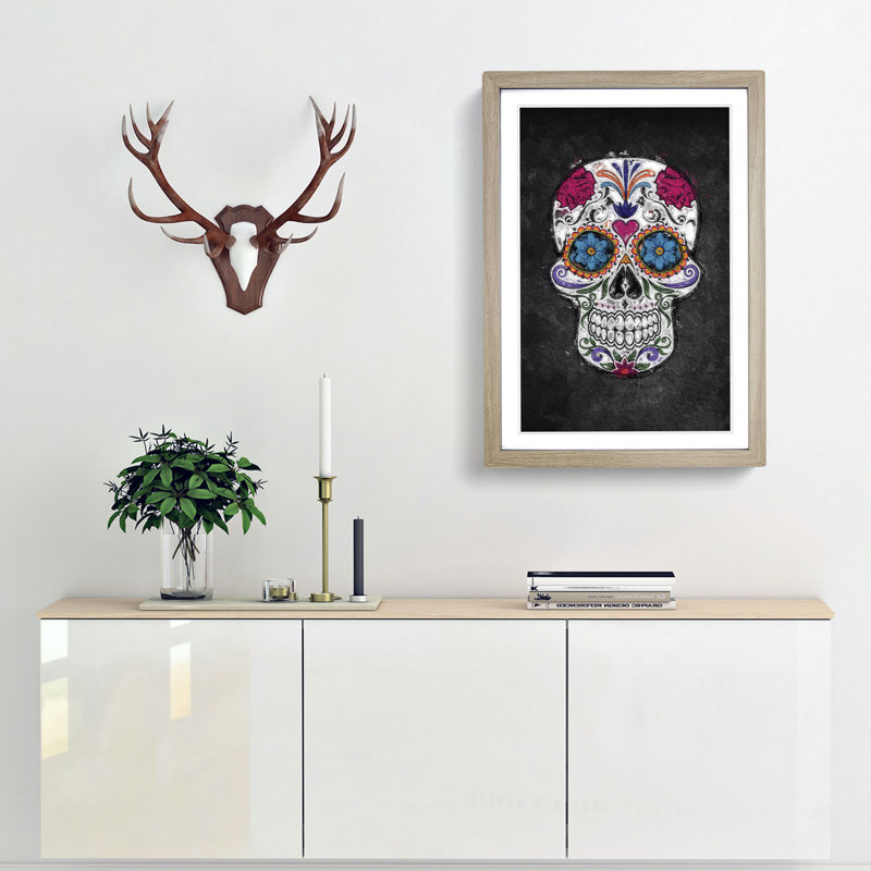 Floral Sugar Skull - Framed Print, Oak Framed, 48cm H x 36cm W x 2cm D