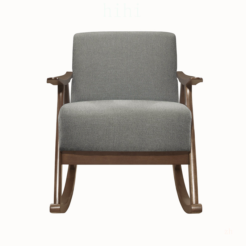 Fauteuil à bascule moderne avec revêtement en tissu gris et structure en noyer foncé, siège et dossier confortables rembourrés.
