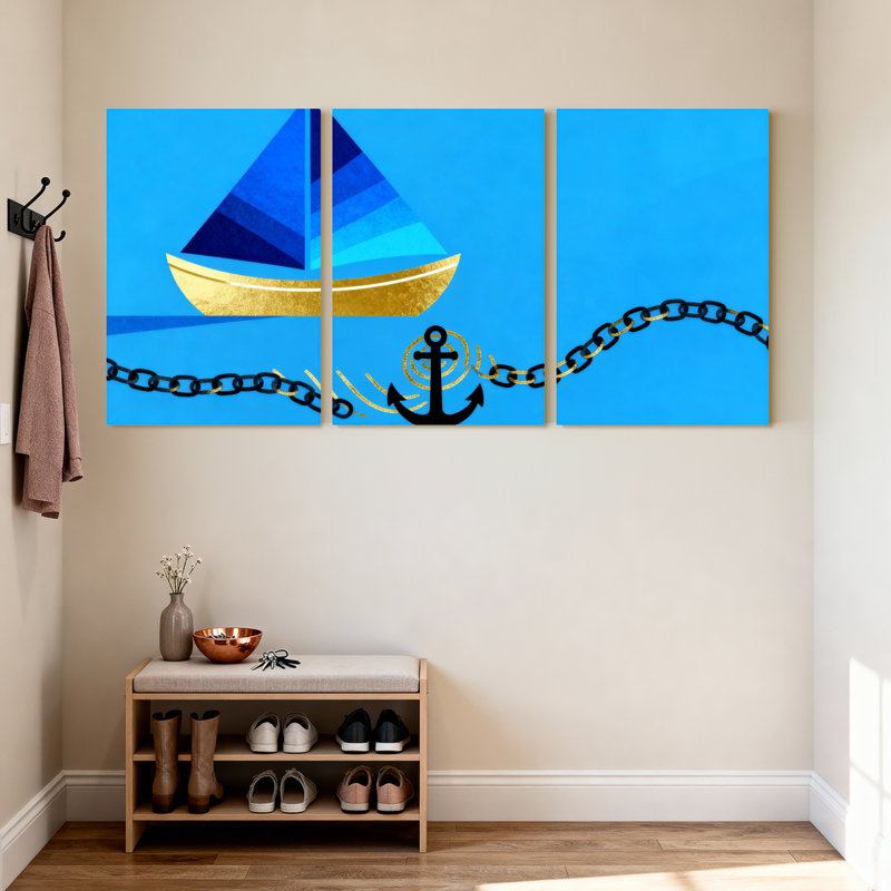 Voilier, ancre, chaîne, bleu océan, ensemble de 3 impressions sur toile, H 18 po x l 36 po