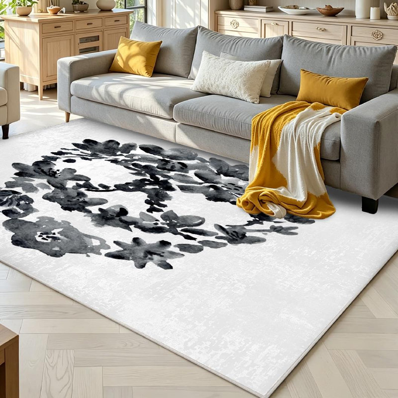 Black Watercolor Skull Flowers Flower White Halloween Floral Machine Washable Indoor Area Rug, Rectangle 71" x 98"
